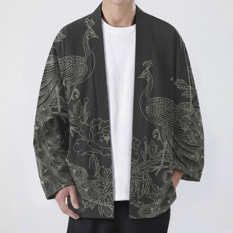 Buddha Stones Kimono da uomo aperto sul davanti in cotone con motivo a pavone e peonia. - Nero - US/UK/AU48, EU58 (4XL) - image 0