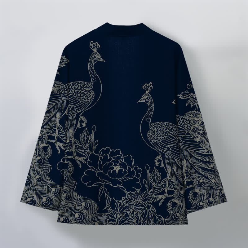Buddha Stones Kimono da uomo aperto sul davanti in cotone con motivo a pavone e peonia. - image 8