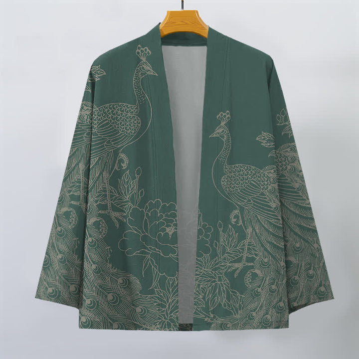 Buddha Stones Kimono da uomo aperto sul davanti in cotone con motivo a pavone e peonia. - image 10