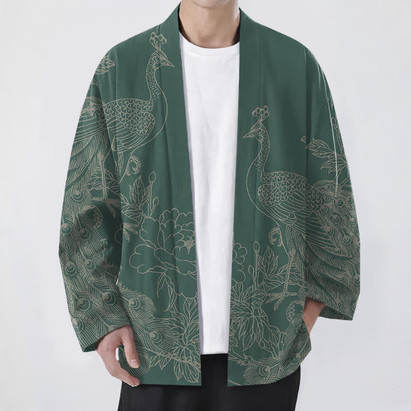 Buddha Stones Kimono da uomo aperto sul davanti in cotone con motivo a pavone e peonia. - Verde Mare Medio - US/UK/AU48, EU58 (4XL) - image 9