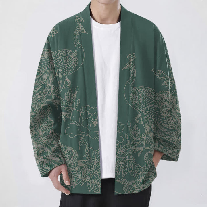 Buddha Stones Kimono da uomo aperto sul davanti in cotone con motivo a pavone e peonia. - Verde Mare Medio - US/UK/AU48, EU58 (4XL) - image 9