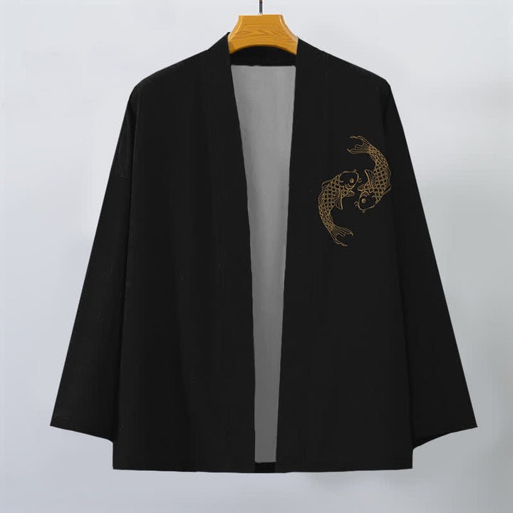 Buddha Stones Kimono da uomo in cotone con stampa di due carpe koi e apertura frontale. - Nero - US/UK/AU48, EU58 (4XL) - image 0