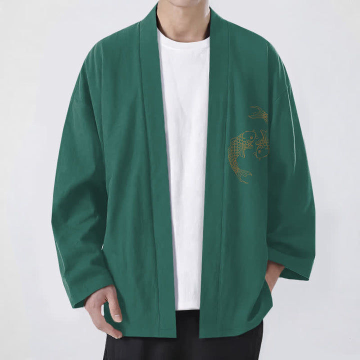 Buddha Stones Kimono da uomo in cotone con stampa di due carpe koi e apertura frontale. - Verde mare medio - US/UK/AU48, EU58 (4XL) - image 6