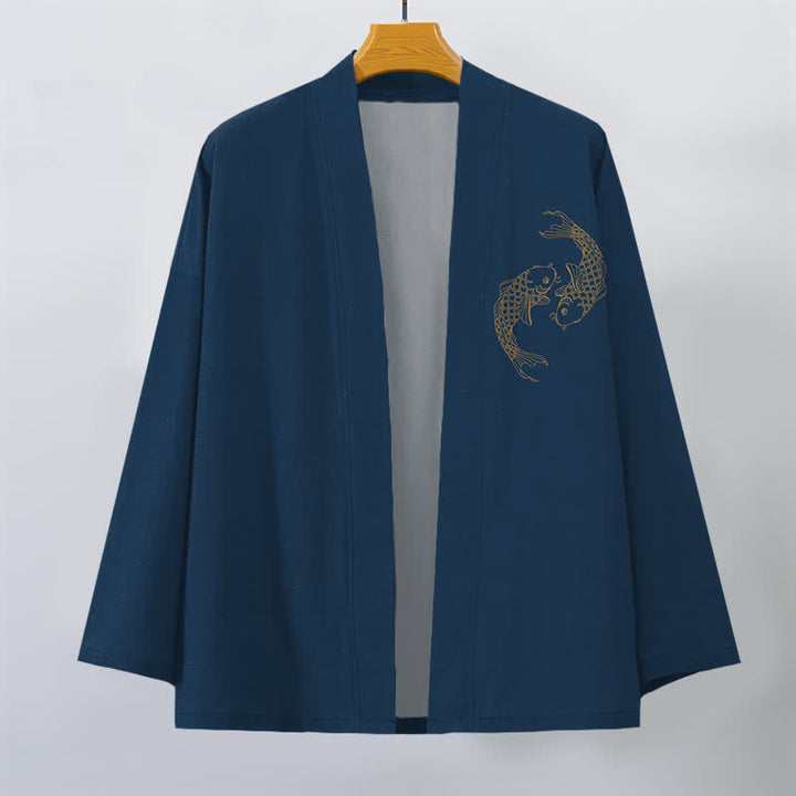 Buddha Stones Kimono da uomo in cotone con stampa di due carpe koi e apertura frontale. - image 10