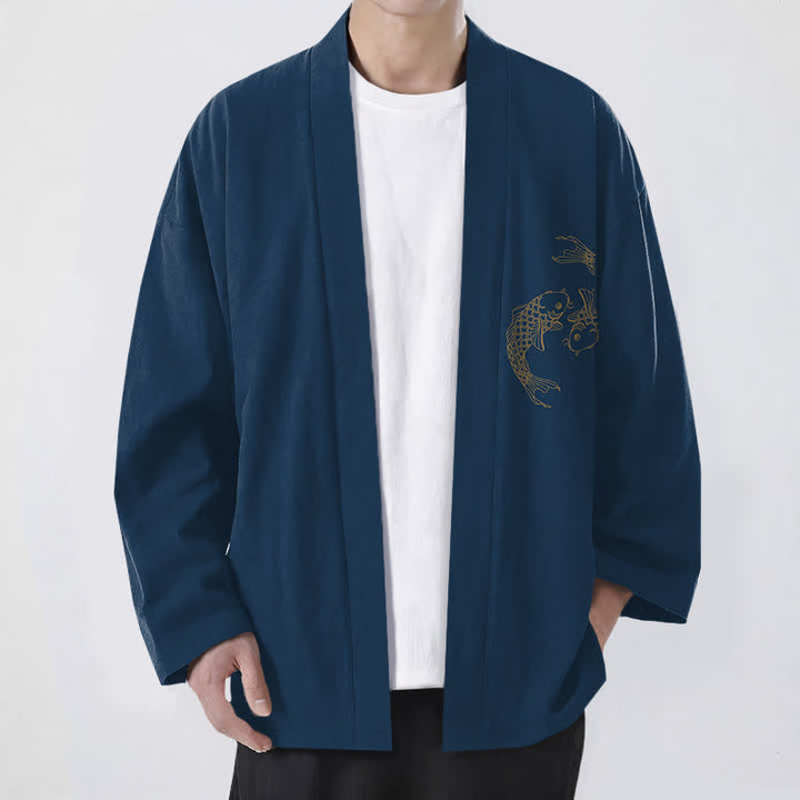 Buddha Stones Kimono da uomo in cotone con stampa di due carpe koi e apertura frontale. - Marina - US/UK/AU48, EU58 (4XL) - image 9