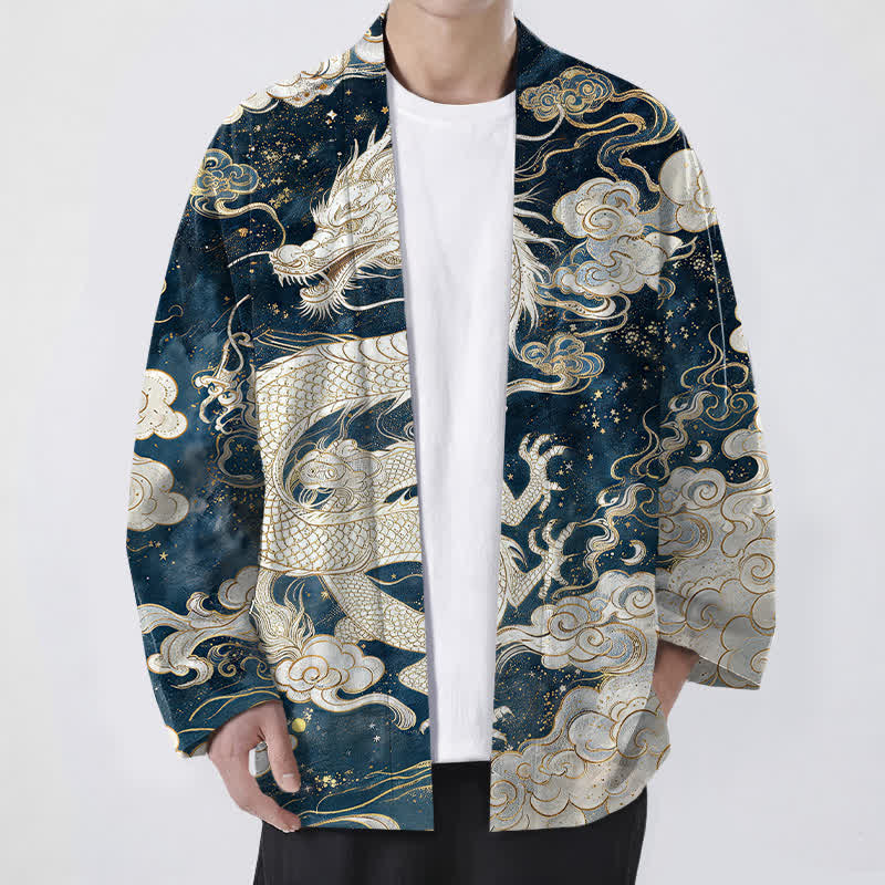 Buddha Stones Kimono da uomo in cotone con motivo a spirale di drago celeste e nuvole, aperto sul davanti. - Marina - US/UK/AU48, EU58 (4XL) - image 0