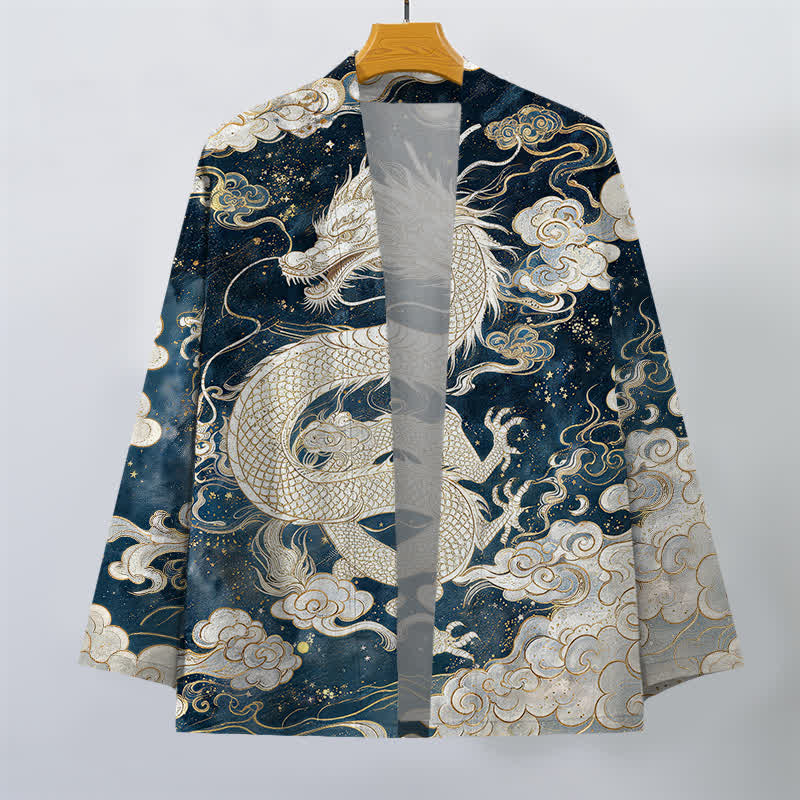 Buddha Stones Kimono da uomo in cotone con motivo a spirale di drago celeste e nuvole, aperto sul davanti. - image 1