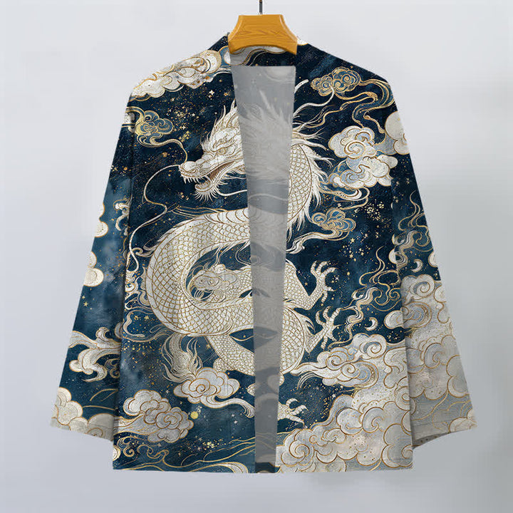 Buddha Stones Kimono da uomo in cotone con motivo a spirale di drago celeste e nuvole, aperto sul davanti. - image 1