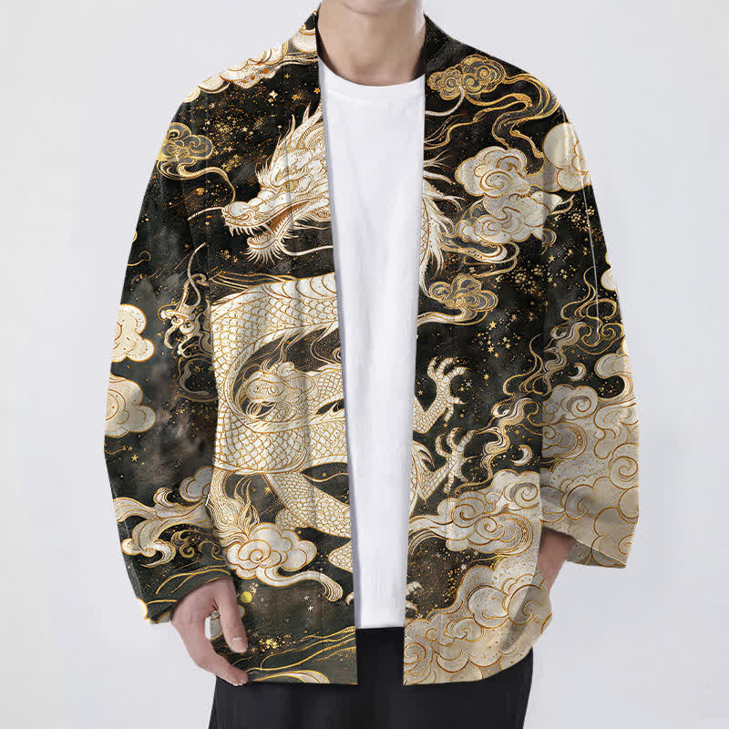 Buddha Stones Kimono da uomo in cotone con motivo a spirale di drago celeste e nuvole, aperto sul davanti. - Cachi - US/UK/AU48, EU58 (4XL) - image 6