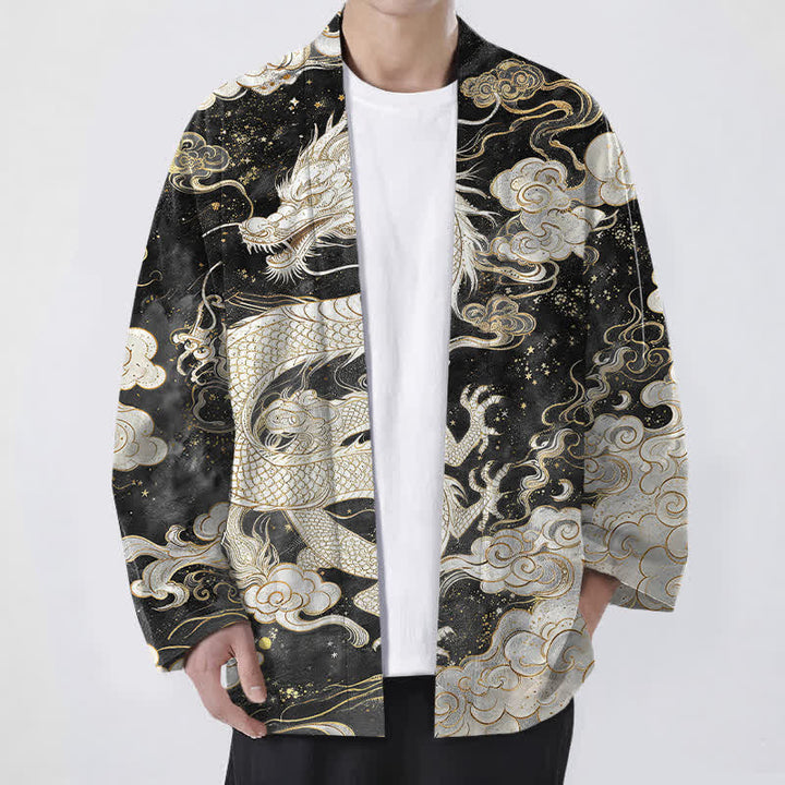 Buddha Stones Kimono da uomo in cotone con motivo a spirale di drago celeste e nuvole, aperto sul davanti. - Bianco Floreale - US/UK/AU48, EU58 (4XL) - image 9