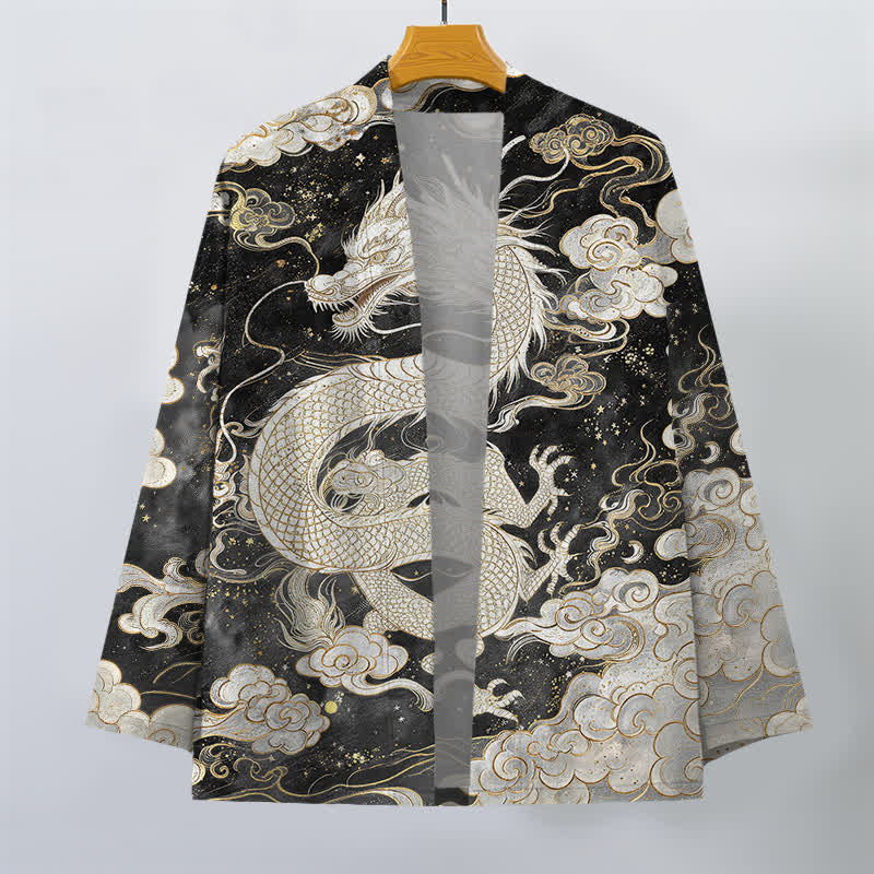 Buddha Stones Kimono da uomo in cotone con motivo a spirale di drago celeste e nuvole, aperto sul davanti. - image 10