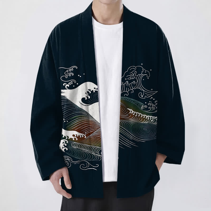Buddha Stones Kimono da uomo in cotone con motivo a onde oceaniche e apertura frontale. - Nero - US/UK/AU48, EU58 (4XL) - image 0
