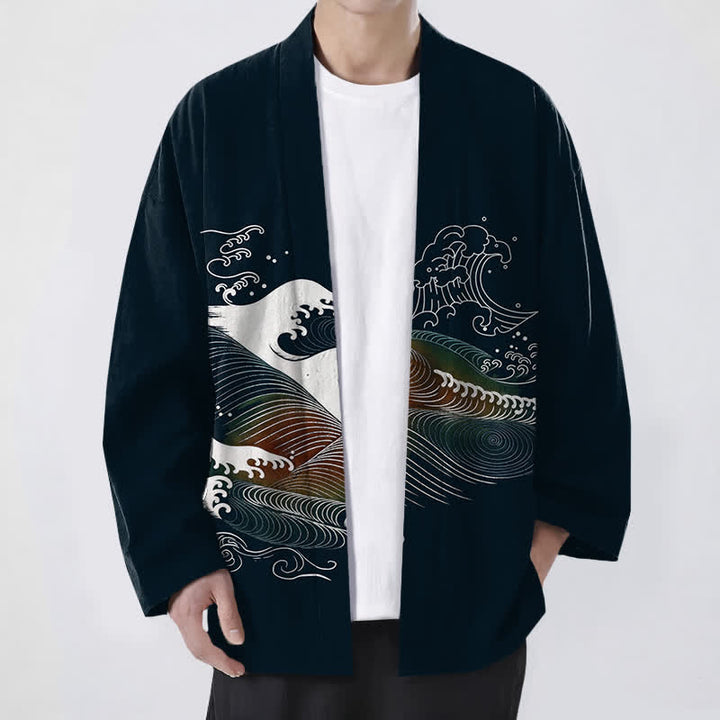 Buddha Stones Kimono da uomo in cotone con motivo a onde oceaniche e apertura frontale. - Nero - US/UK/AU48, EU58 (4XL) - image 0