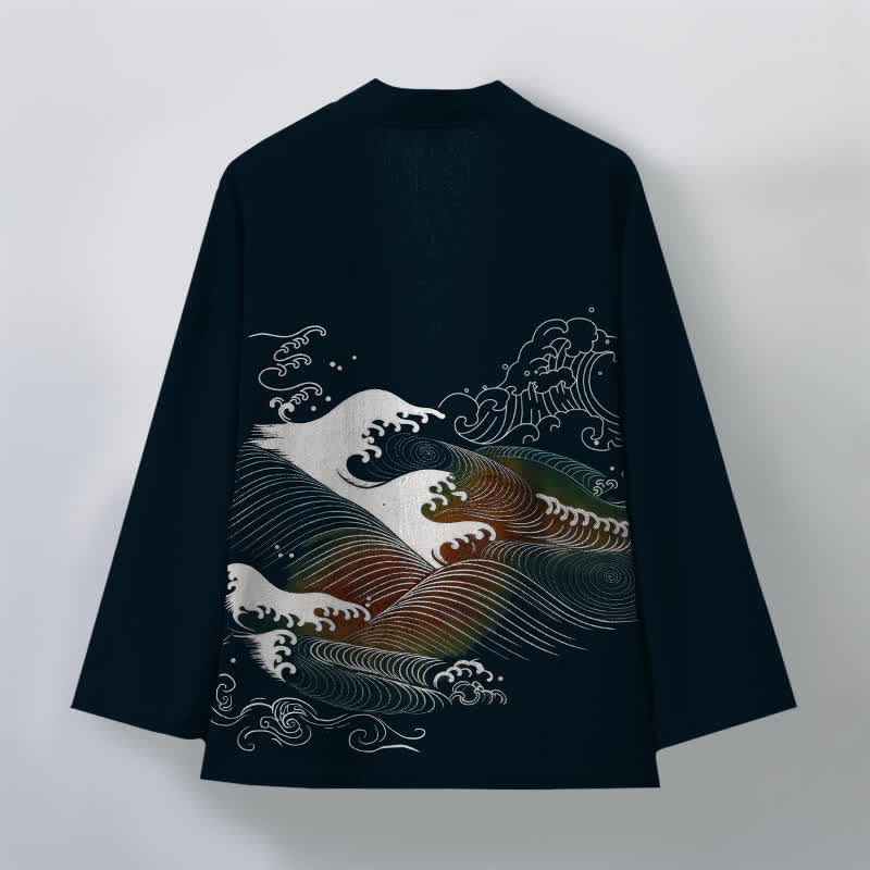 Buddha Stones Kimono da uomo in cotone con motivo a onde oceaniche e apertura frontale. - image 2