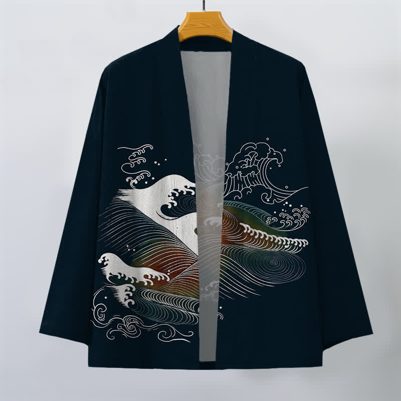 Buddha Stones Kimono da uomo in cotone con motivo a onde oceaniche e apertura frontale. - image 1