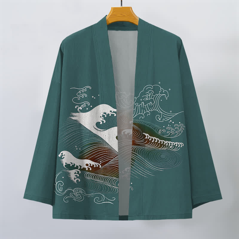 Buddha Stones Kimono da uomo in cotone con motivo a onde oceaniche e apertura frontale. - image 7