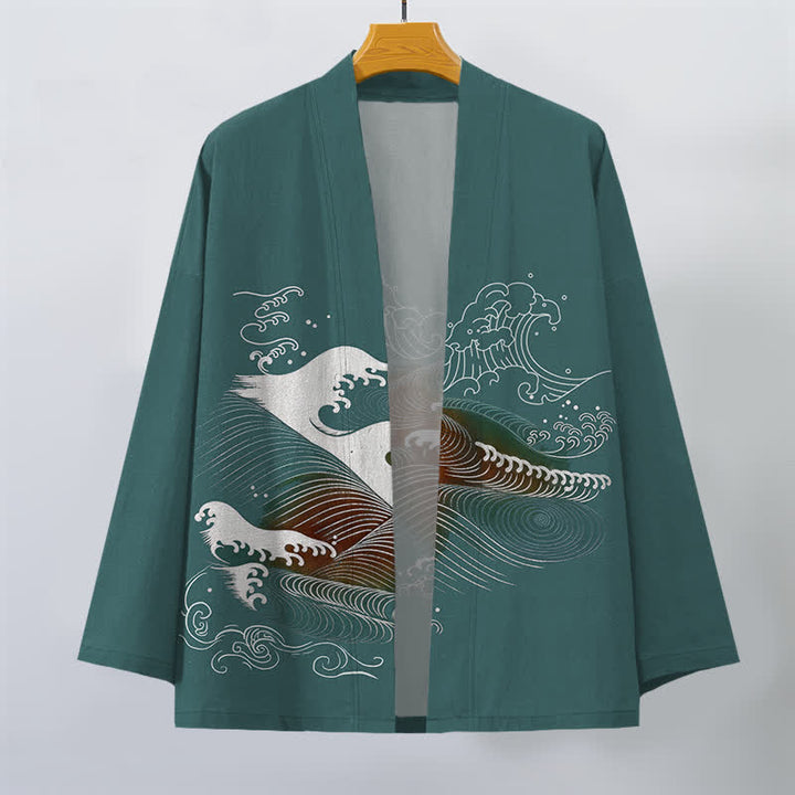 Buddha Stones Kimono da uomo in cotone con motivo a onde oceaniche e apertura frontale. - image 7