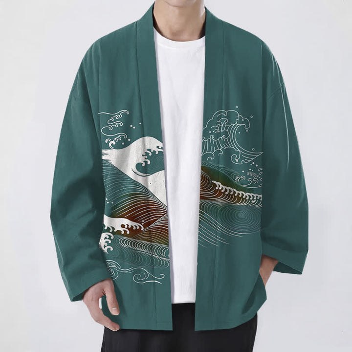 Buddha Stones Kimono da uomo in cotone con motivo a onde oceaniche e apertura frontale. - Verde acqua - US/UK/AU48, EU58 (4XL) - image 6