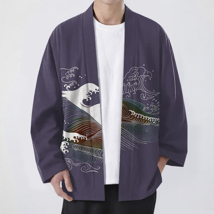 Buddha Stones Kimono da uomo in cotone con motivo a onde oceaniche e apertura frontale. - Blu ardesia scuro - US/UK/AU48, EU58 (4XL) - image 9