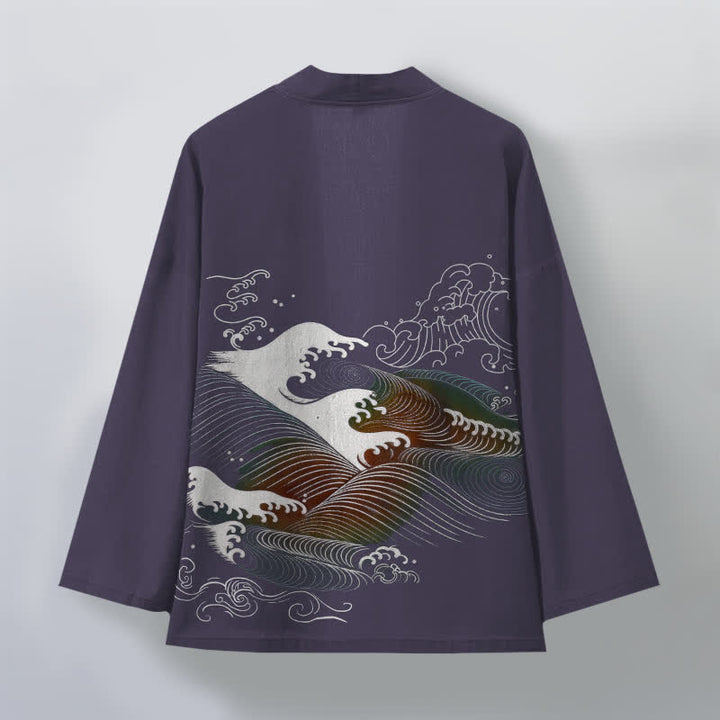 Buddha Stones Kimono da uomo in cotone con motivo a onde oceaniche e apertura frontale. - image 11