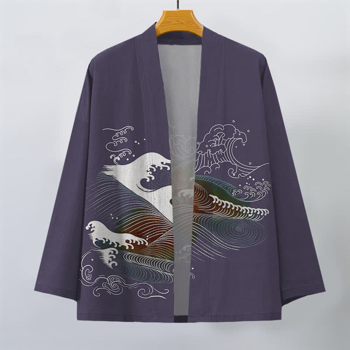 Buddha Stones Kimono da uomo in cotone con motivo a onde oceaniche e apertura frontale. - image 10