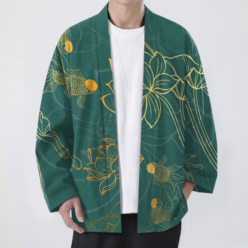 Buddha Stones Kimono da uomo in cotone con motivo koi e loto, aperto sul davanti. - Verde mare medio - US/UK/AU48, EU58 (4XL) - image 0