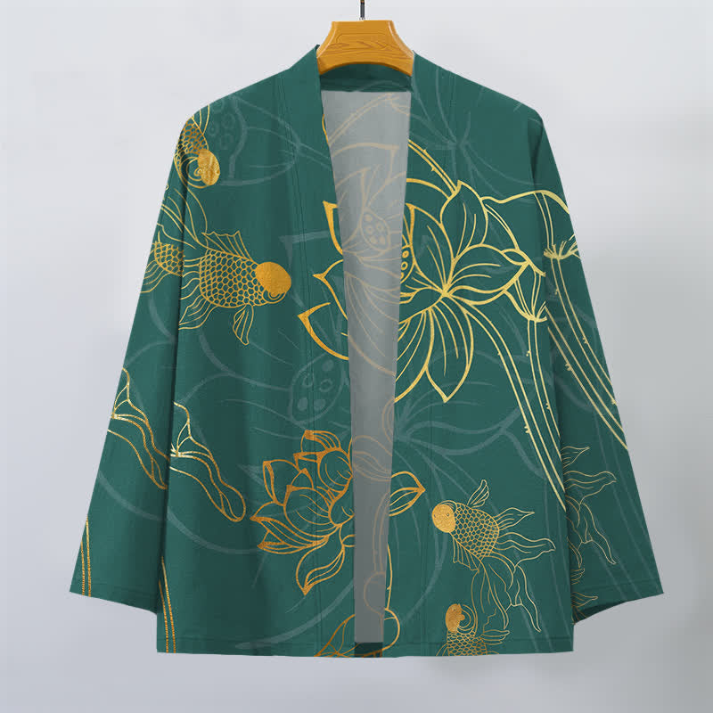 Buddha Stones Kimono da uomo in cotone con motivo koi e loto, aperto sul davanti. - image 1