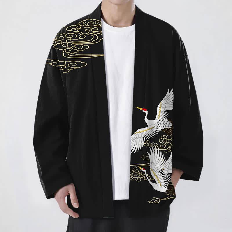 Buddha Stones Kimono da uomo in cotone bianco con motivo gru e nuvole di buon auspicio, aperto sul davanti. - Nero - US/UK/AU48, EU58 (4XL) - image 0