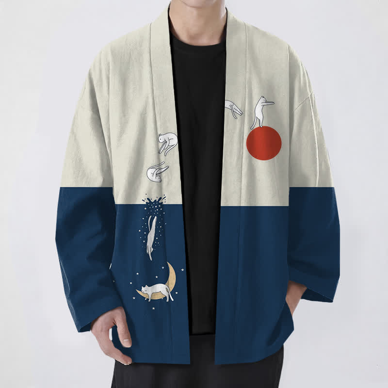 Buddha Stones Kimono da uomo in cotone con motivo a gatti, sole e mezzaluna, aperto sul davanti. - Marina - US/UK/AU48, EU58 (4XL) - image 0