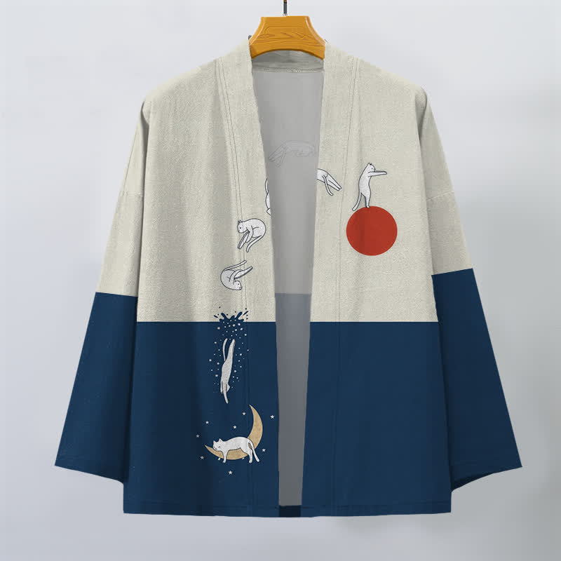 Buddha Stones Kimono da uomo in cotone con motivo a gatti, sole e mezzaluna, aperto sul davanti. - image 1