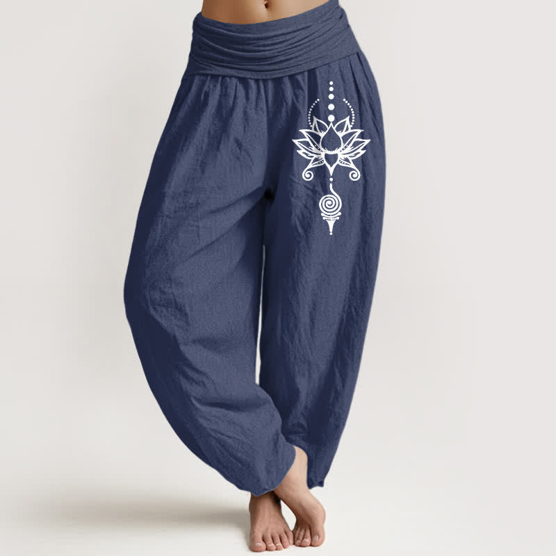 Buddha Stones Pantaloni harem da donna in puro cotone con motivo geometrico Zen Lotus e vita elasticizzata. - Blu ardesia scuro - US16, UK/AU20, EU48 (3XL) - image 0