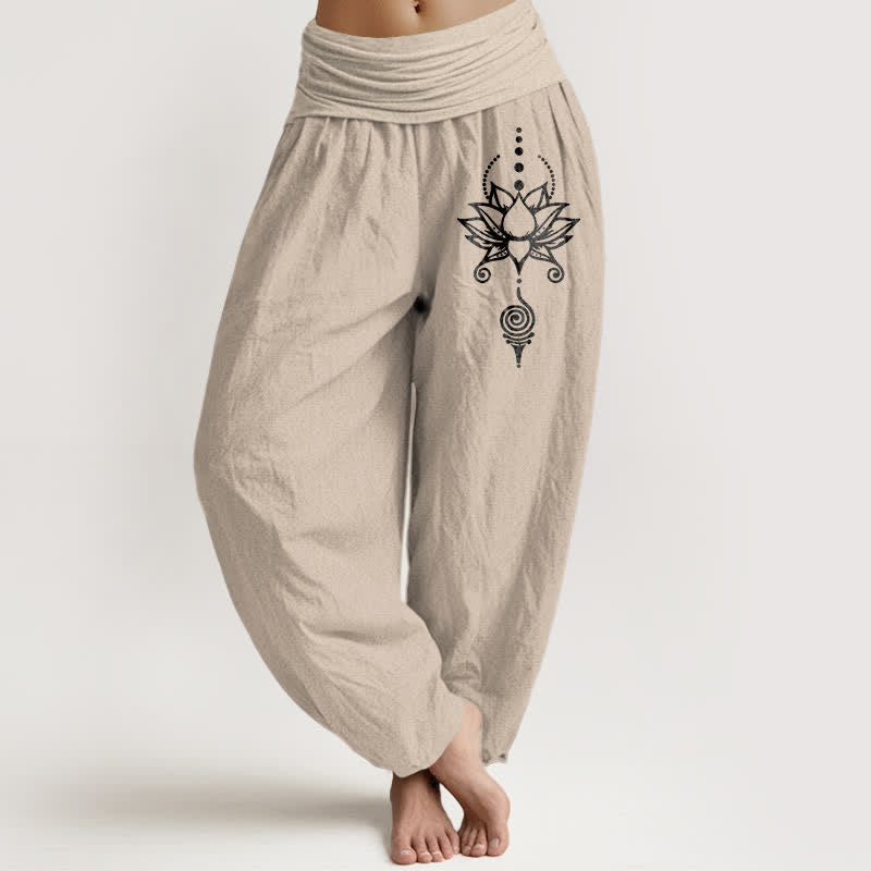 Buddha Stones Pantaloni harem da donna in puro cotone con motivo geometrico Zen Lotus e vita elasticizzata. - Tan - US16, UK/AU20, EU48 (3XL) - image 11