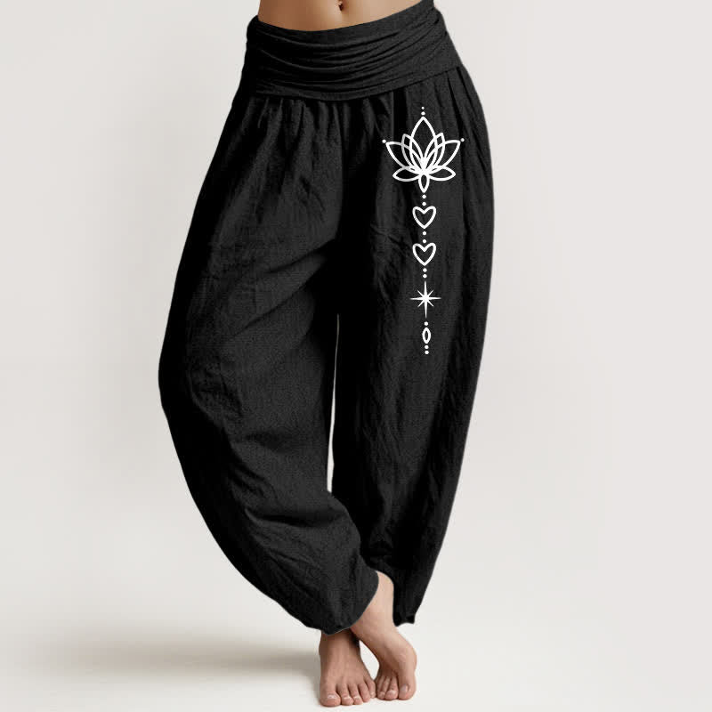 Buddha Stones Pantaloni harem da donna in puro cotone con motivo a loto, cuore e stella, con elastico in vita. - Nero - US16, UK/AU20, EU48 (3XL) - image 0