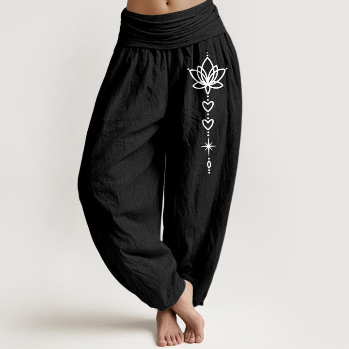 Buddha Stones Pantaloni harem da donna in puro cotone con motivo a loto, cuore e stella, con elastico in vita. - Nero - US16, UK/AU20, EU48 (3XL) - image 0