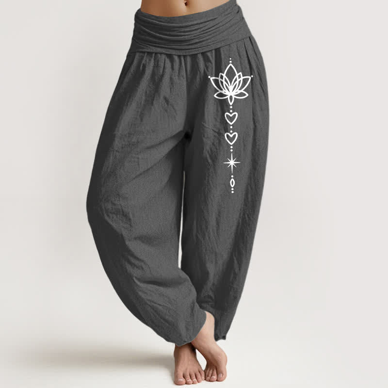 Buddha Stones Pantaloni harem da donna in puro cotone con motivo a loto, cuore e stella, con elastico in vita. - Grigio tenue - US16, UK/AU20, EU48 (3XL) - image 8
