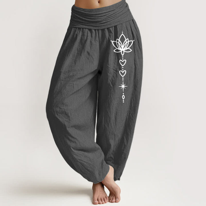 Buddha Stones Pantaloni harem da donna in puro cotone con motivo a loto, cuore e stella, con elastico in vita. - Grigio tenue - US16, UK/AU20, EU48 (3XL) - image 8