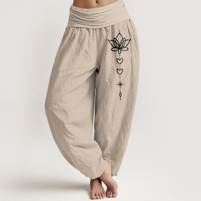 Buddha Stones Pantaloni harem da donna in puro cotone con motivo a loto, cuore e stella, con elastico in vita. - Tan - US16, UK/AU20, EU48 (3XL) - image 11