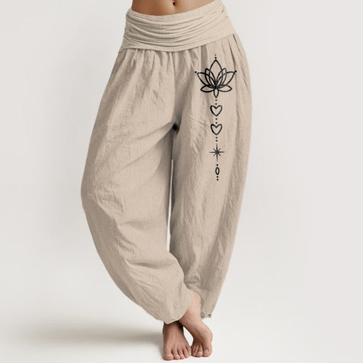 Buddha Stones Pantaloni harem da donna in puro cotone con motivo a loto, cuore e stella, con elastico in vita. - Tan - US16, UK/AU20, EU48 (3XL) - image 11