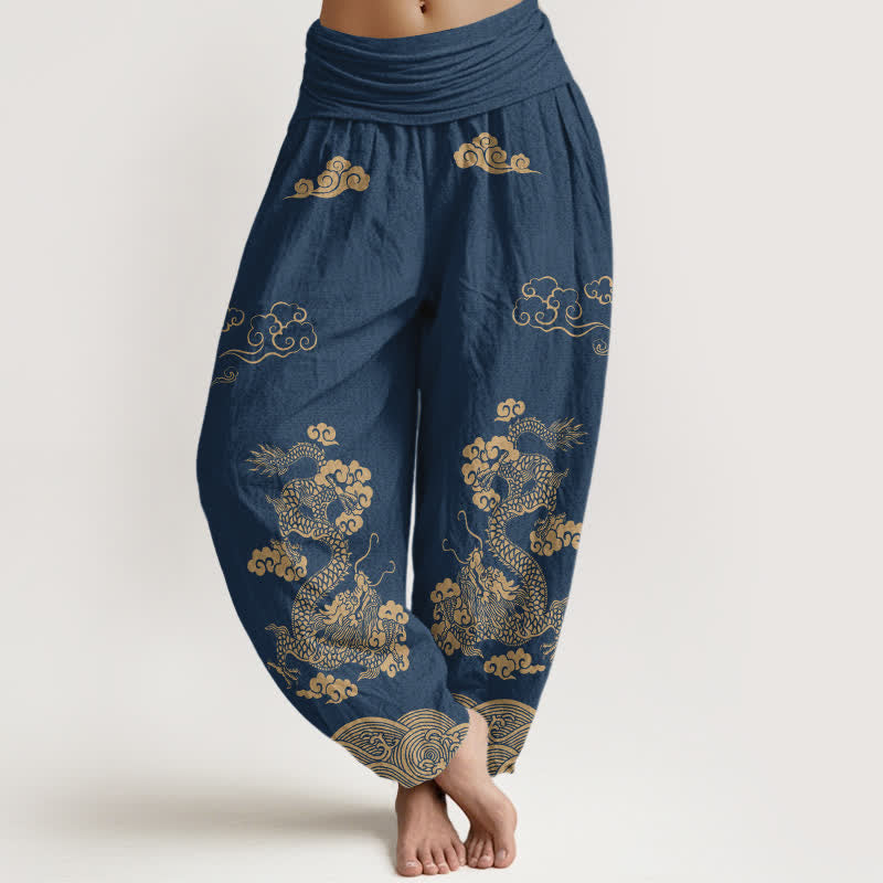 Buddha Stones Pantaloni harem da donna in cotone con motivo vintage a spirale di drago e nuvole, con elastico in vita. - Marina - US16, UK/AU20, EU48 (3XL) - image 0