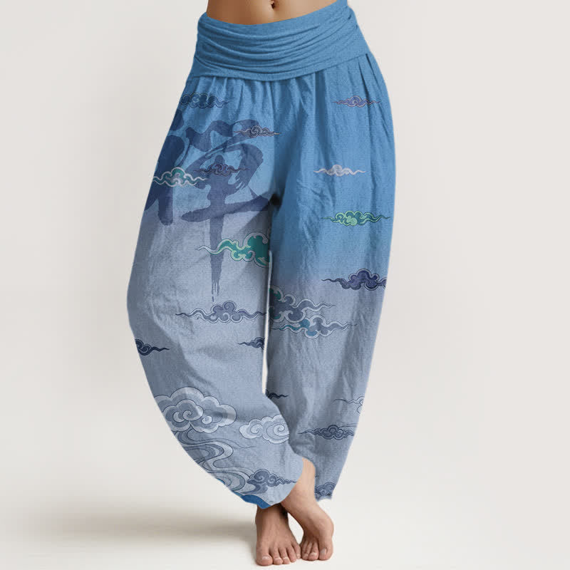 Buddha Stones Pantaloni harem da donna in cotone con motivo Zen Oriental Cloud Wash e vita elasticizzata - Cielo Blu - US16, UK/AU20, EU48 (3XL) - image 5