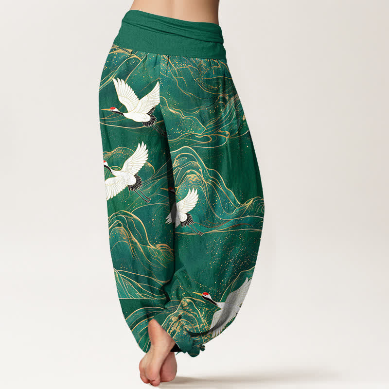 Buddha Stones Pantaloni harem da donna in cotone con motivo a gru e montagne orientali, con elastico in vita. - image 2