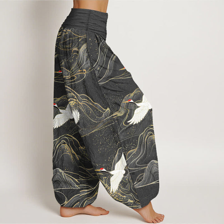 Buddha Stones Pantaloni harem da donna in cotone con motivo a gru e montagne orientali, con elastico in vita. - image 6