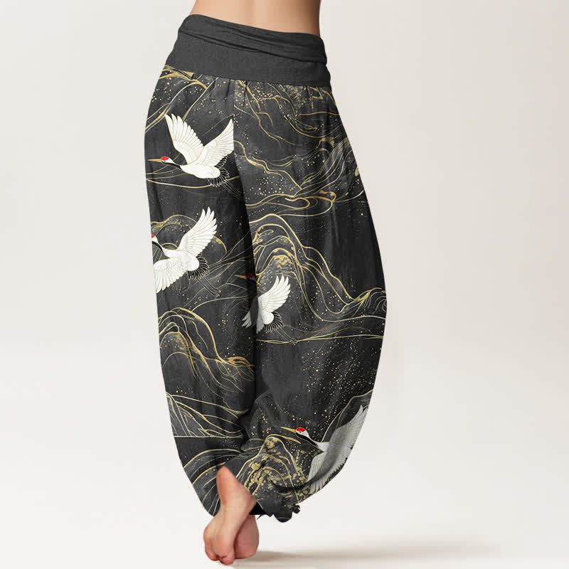 Buddha Stones Pantaloni harem da donna in cotone con motivo a gru e montagne orientali, con elastico in vita. - image 7
