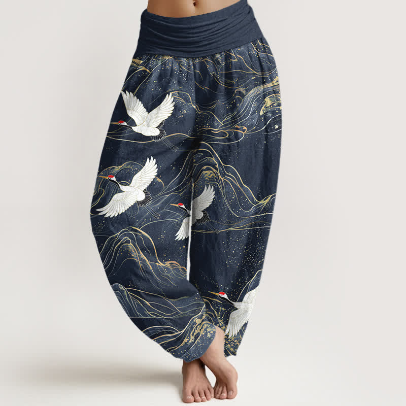 Buddha Stones Pantaloni harem da donna in cotone con motivo a gru e montagne orientali, con elastico in vita. - Blu mezzanotte - US16, UK/AU20, EU48 (3XL) - image 8