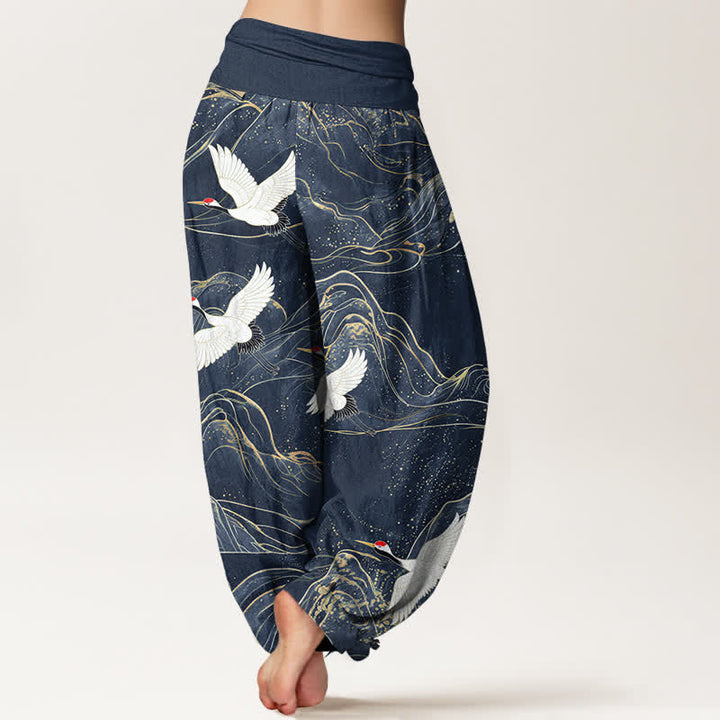 Buddha Stones Pantaloni harem da donna in cotone con motivo a gru e montagne orientali, con elastico in vita. - image 10