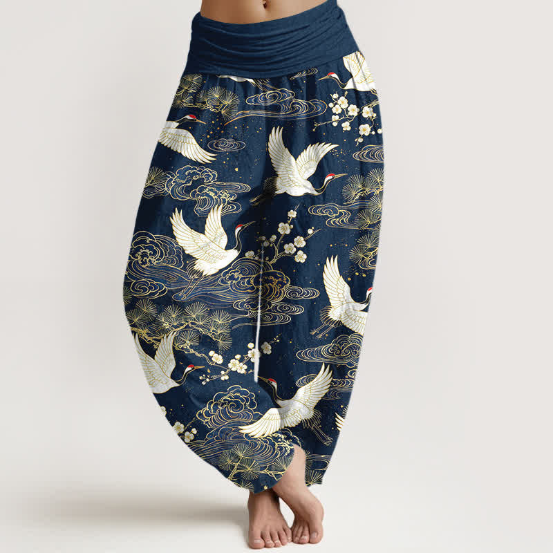 Buddha Stones Pantaloni harem da donna in cotone con motivo floreale e gru orientali, vita elasticizzata. - Marina - US16, UK/AU20, EU48 (3XL) - image 0
