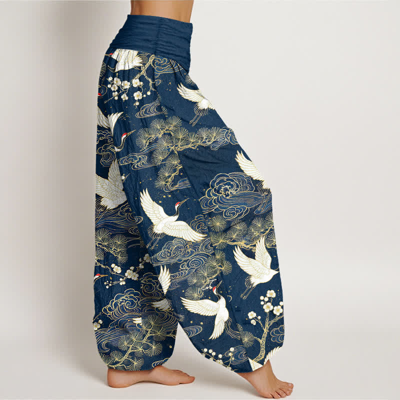 Buddha Stones Pantaloni harem da donna in cotone con motivo floreale e gru orientali, vita elasticizzata. - image 1