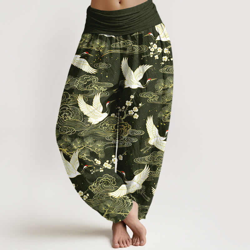 Buddha Stones Pantaloni harem da donna in cotone con motivo floreale e gru orientali, vita elasticizzata. - Verde oliva scuro - US16, UK/AU20, EU48 (3XL) - image 5