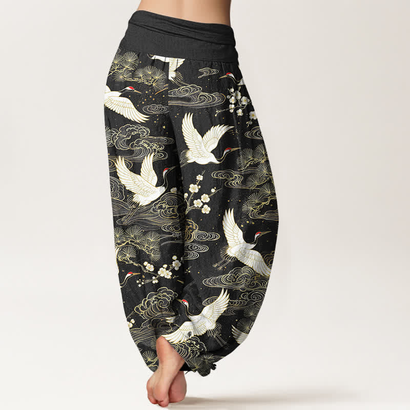 Buddha Stones Pantaloni harem da donna in cotone con motivo floreale e gru orientali, vita elasticizzata. - image 10