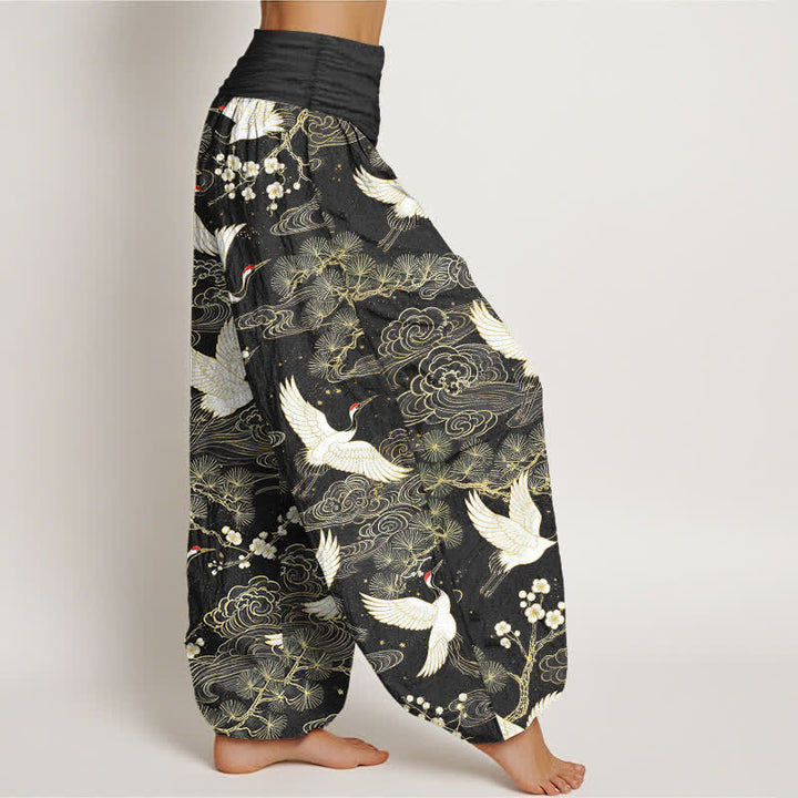 Buddha Stones Pantaloni harem da donna in cotone con motivo floreale e gru orientali, vita elasticizzata. - image 9